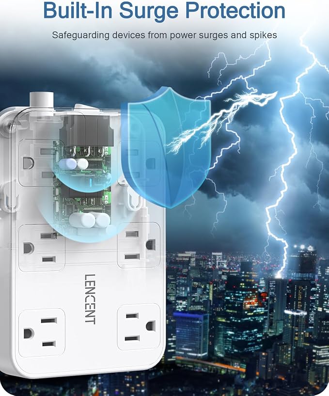 LENCENT 2 Prong Power Strip, 3 to 2 Prong Outlet Adapter, Surge Protector with 10ft Braided Extension Cord with Thin Flat Polarized Plug, 6 AC & 4 USB (1 Type-C), Wall Mount for Non-Grounded Outlet