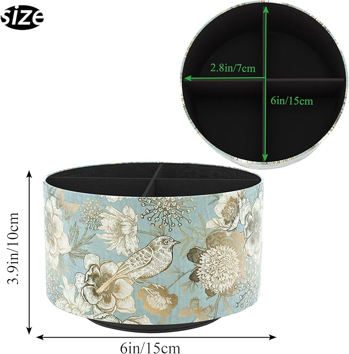 Hennaja Round Leather Art Supply Organizer,Remote Control Holder,360 Degree Rotating,Multi-Functional Pencil Holder,4 Compartments Desktop Stationary Organizer(1-Blue Bird)