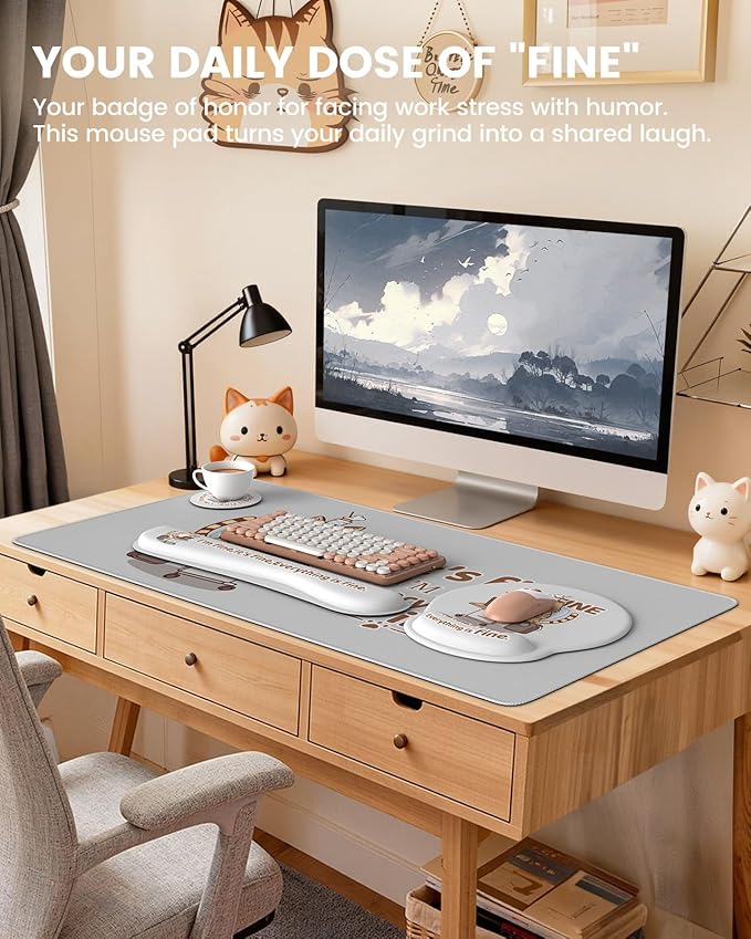 HAOCOO 4-in-1 Desk Cover Mat, Ergonomic Keyboard Wrist Rest, Wrist Support Mousepad with Coaster Set, Extended Desktop Pad Waterproof, Non-Slip Base Desk Accessories Mat for Office Decor