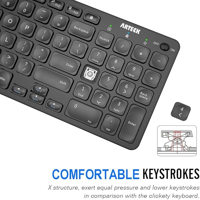 Arteck 2.4G Wireless Keyboard Ultra Slim Full Size Keyboard with Numeric Keypad and Media Hotkey for Computer/Desktop/PC/Laptop/Surface/Smart TV and Windows 10/8/ 7 Built-in Rechargeable Battery