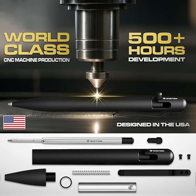 BASTION® Luxury Bolt Action Pen, Durable Professional Ballpoint Pen with Fine Tip, EDC Pen Ink Refillable Pen - Titanium Black