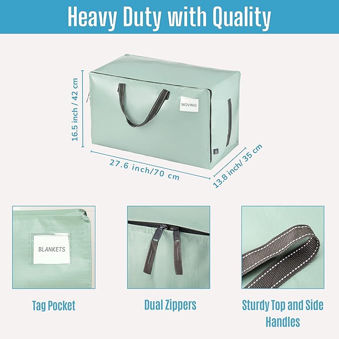 VENO 2 Pack Moving and Storage Bags, Heavy Duty, Alternative to Moving Boxes, Large Packing Totes Supplies for College Dorm Room with Zipper for Clothes, Wide Open Design (Shiny Light Green, 2 Pack)