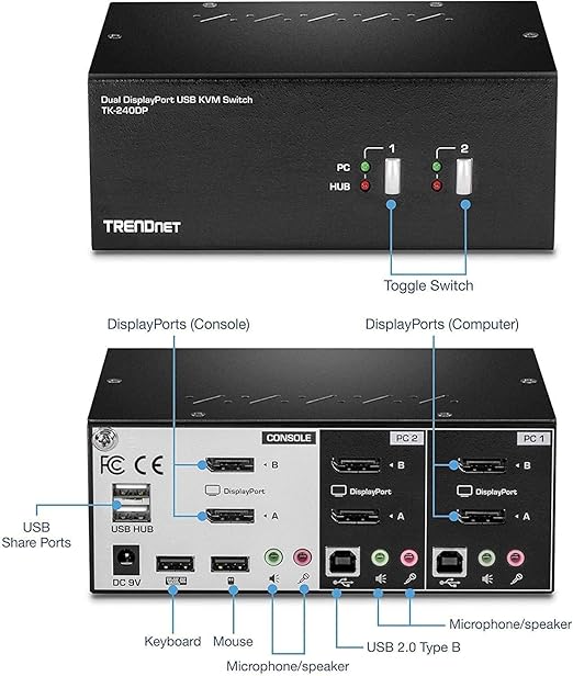 TRENDnet 2-Port Dual Monitor DisplayPort KVM Switch with Audio, 2-Port USB 2.0 Hub, 4K UHD Resolutions Up to 3840 x 2160, Connect Two DisplayPort Monitors, Dual Monitor KVM Switch, Black, TK-240DP