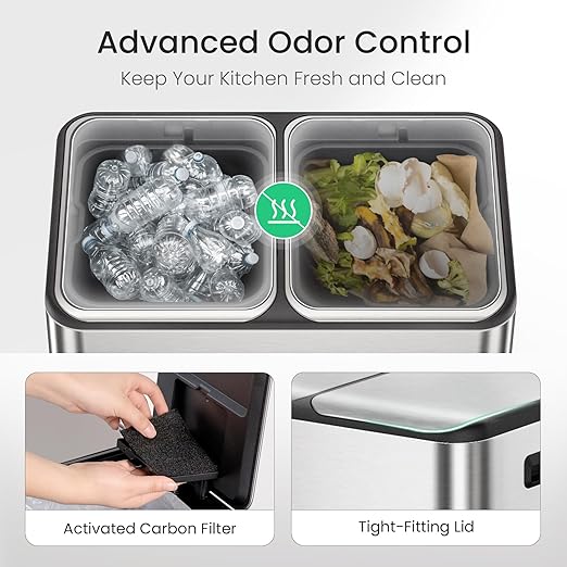 Cesun Kitchen Trash Can, 8 + 8 Gallon Dual Trash and Recycle Bin Combo, 2 Compartment Stainless Steel Kitchen Garbage Can with Lid, Removable Inner Buckets, Soft Close, Odor Filter, 30L+30L