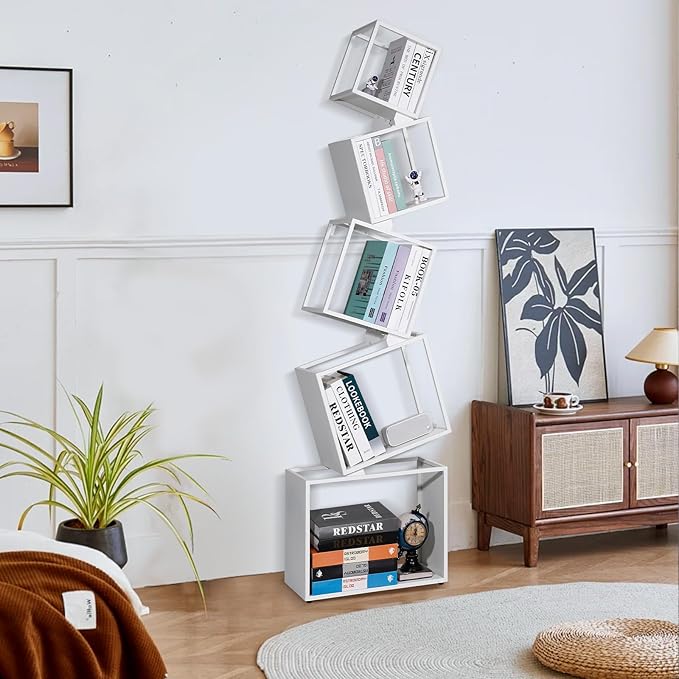 67-Inch 5-Tier Floating Bookshelf – Staggered Geometric Design, Freestanding Metal Storage & Display Rack for Home & Office (White)