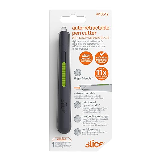 Slice 10512 Pen Cutter, Auto-Retractable Ceramic Blade, Safety Knife, Stays Sharp up to 11x Longer Than Steel Blades