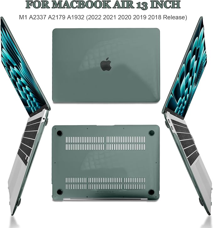 Compatible with MacBook Air 13 inch Case M1 Chip 2021-2018 Release A1932 A2179 A2337, Crystal Plastic Hard Shell Case Keyboard Cover Screen Film Dust Plug for Mac Air 13 2020, Midnight Green