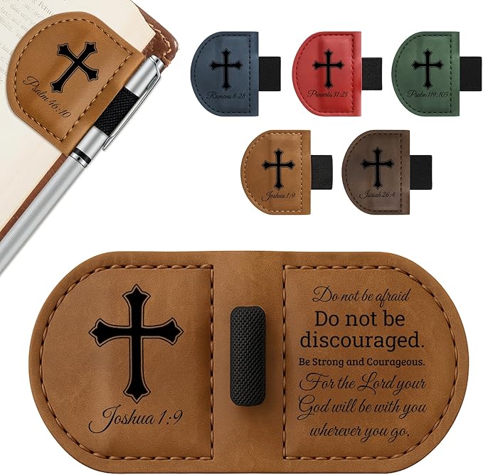 Bygone Mark Personalized Magnetic Leather Bookmark with Pen Holder - Inspirational Bible Verse Scripture Design, Custom Book Marker for Book Lovers Men Women (Brown-Joshua 1:9)
