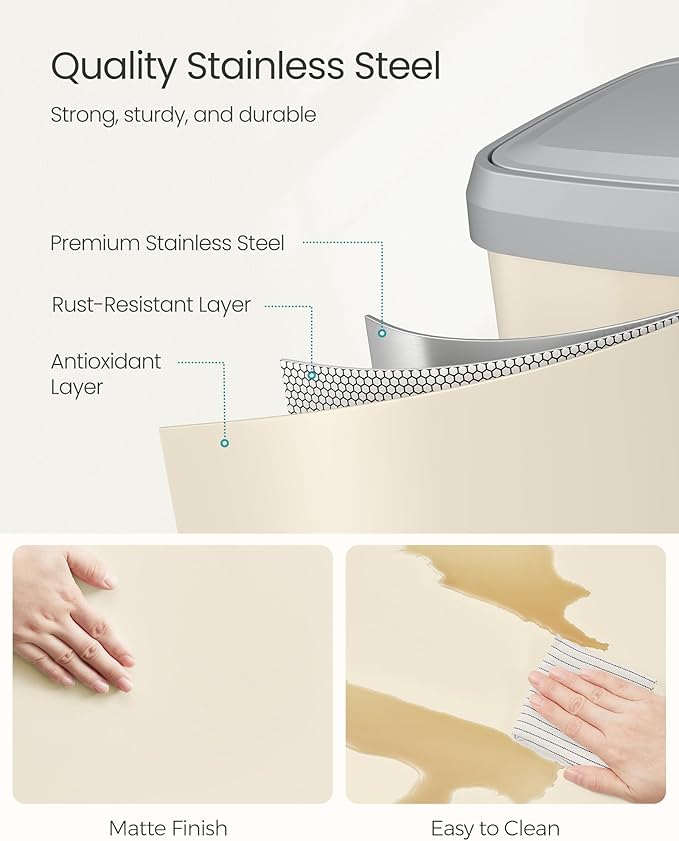 SONGMICS Kitchen Trash Can, 18-Gallon Stainless Steel Garbage Can, with Stay-Open Lid and Step-on Pedal, Soft Closure, Tall, Large and Space-Saving, Sand Beige and Dove Gray ULTB520A01