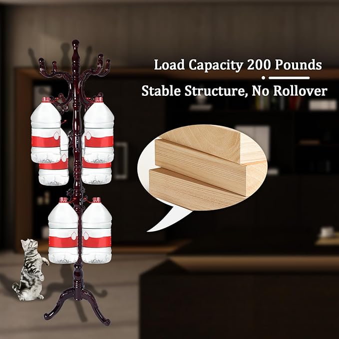 Coat Racks FreeStanding with 14 Hooks, Natural Wood Coat Rack with Solid Round Base, Adjustable Height Coat Racks, Easy Assembly for Hallway, Bedroom and Office (Reddish brown-Tri-Legged Base)