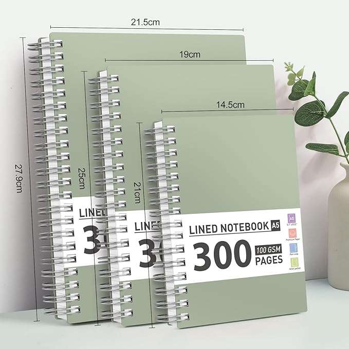 AHGXG Spiral Notebook College Ruled - Large Spiral Journal Notebook B5 7.48" × 10.15", 300 Pages, 100GSM Thick Paper, Plastic Hardcover, for Work Office School Writing Notes, Sage Green