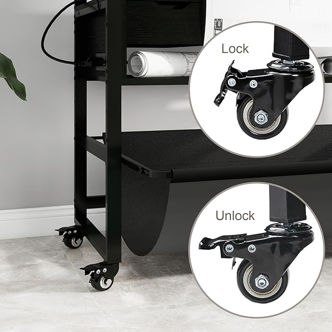 Natwind Wide Format Printer Stand, Plotter Workbench Table with Pull-Out Drafting Storage, Roll Paper Holder, Accessory Drawer, Adjustable Storage Shelf for Plotters and Cutting Machines (Black)