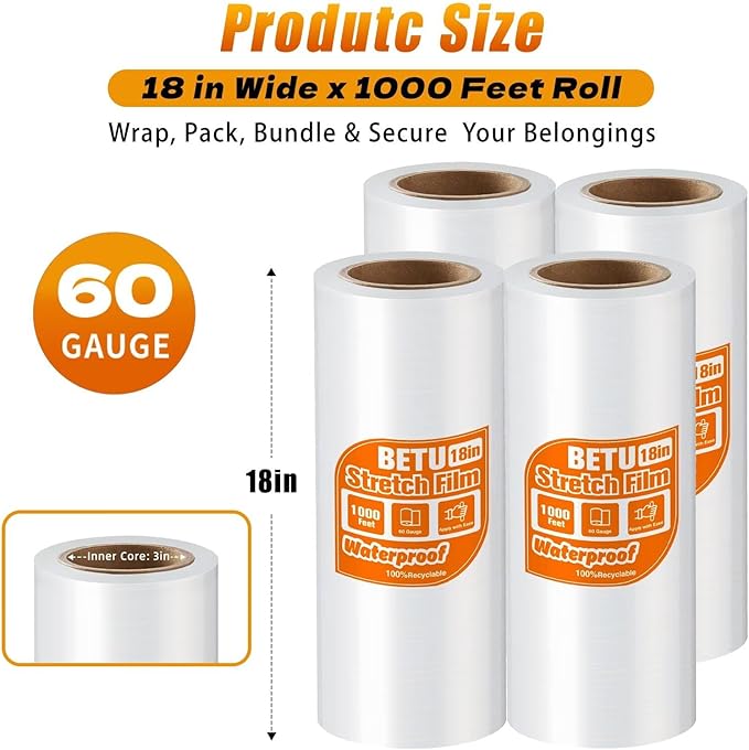 BETU Plastic Wrap Stretch Film for Moving Supplies 18inch X 1000ft, Shrink Wrap Stretch Roll Industrial for Furniture Wrapping Shipping Pallet Moving Boxes Storage with Handles, 4 Pack, Clear