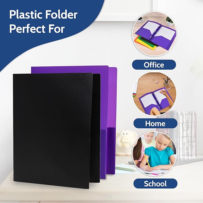 24 Pack Assorted Colors Plastic Folders with Pockets Heavy Duty. 2 Pocket Folder no Prongs Bulk. Tear-Resistant Letter Size 8.5x11. Presentation Ready School and Office Supplies