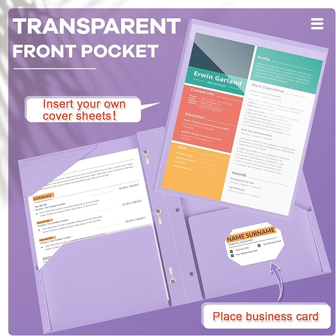 Henoyso 48 Pcs Plastic Folder with Clear Front Pocket and 3 Prongs Heavy Duty Plastic Folders with Card Slot Pocket Folders with Prongs for School Office Home(Light Purple)