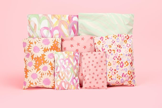 6x9 Designer Poly Mailer 100 Pack Heavy Duty Waterproof Self Seal Shipping Bags for Small Business Large Mailing Envelopes Bulk Tear Resistant Cute Packaging Happy Hearts