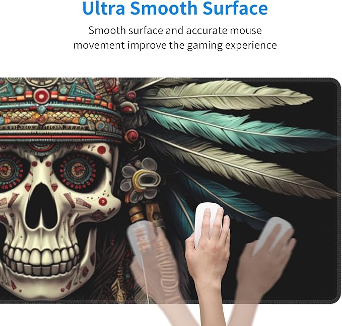 Cute Intricately Decorated Skull with Feather Headdress Pattern Mouse Pad 31.5 x 12 Inch, Non-Slip Rubber Base, Ergonomic Design for Pain Relief, Perfect for Computer Users