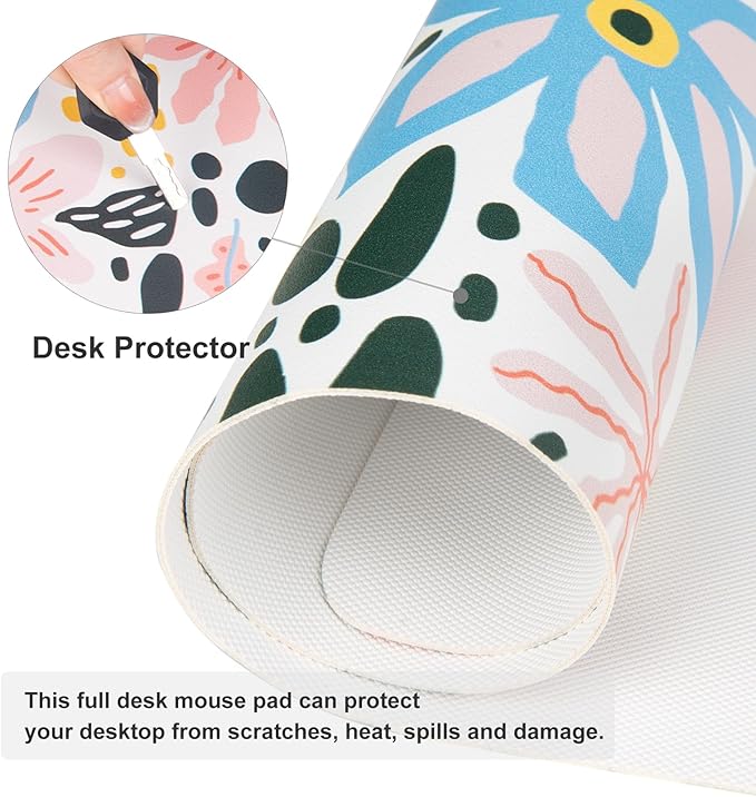 QIYI Floral Large Mouse Pad, Cute Desk Mat for Desktop, Women Girls Desk Accessories Office Décor, PU Leather Waterproof Big Gaming Mousepad, Doodle Flowers Desk Pad Computer Mat, 31.5" x 11.8"