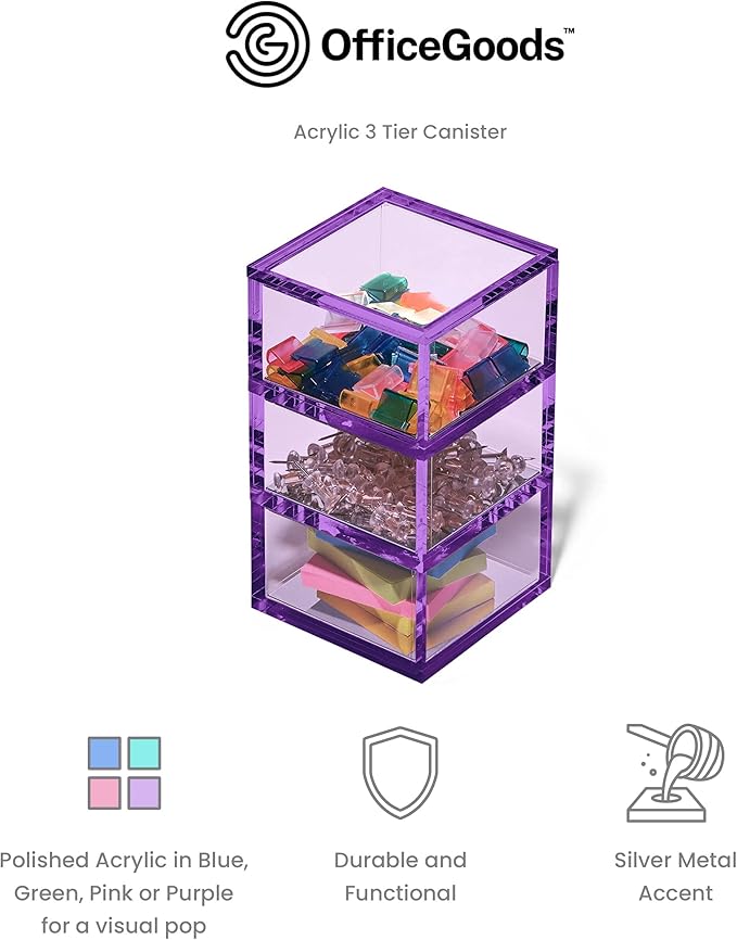 OfficeGoods 3-Tier Stackable Acrylic Holder- Stylish Desk Organizer and Storage for Office or Home – Transparent Square Design, Purple with Silver Metal Base