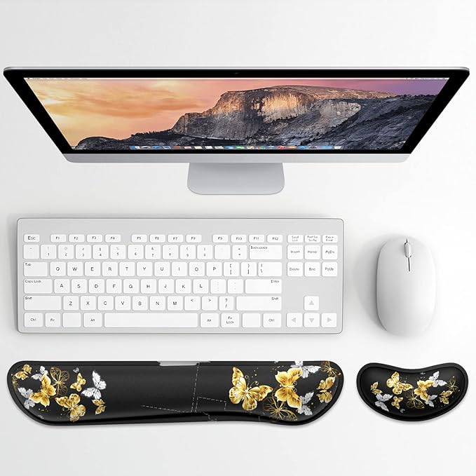 Dapesuom Enlarge Keyboard Wrist Rest, Memory Foam Wrist Cushion for Desk Mats Support, Typing Pain Relief Keyboard Mouse Pad Rests Set with Non-Slip Base for Gaming Laptop Office Computer, Butterfly
