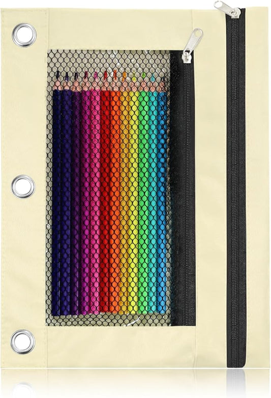 Pencil Pouch for 3 Ring Binder - 3 Hole Zipper Pen Case Bag Holder Bulk Accessories Clear Window Aesthetic Organizer Pockets (Beige, 1)