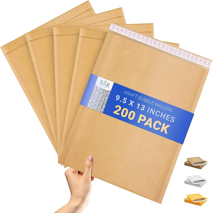 ABC PACK & SUPPLY Brown Kraft Bubble Mailer Envelopes, 9.5 x 13 Inches. 200 Pack Mail Padded Envelopes Self Seal. Kraft Bubble Mailers. Tear-Resistant Mailing Envelope Padded. Sturdy Paper Mailer