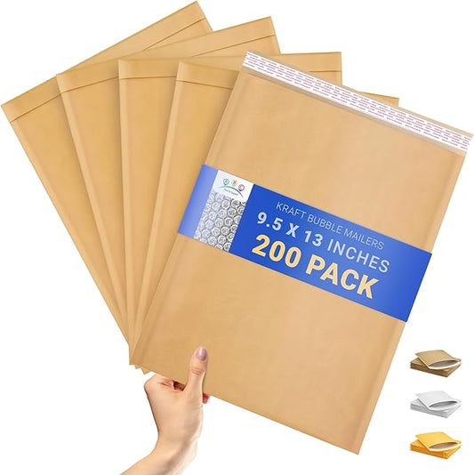 ABC PACK & SUPPLY Brown Kraft Bubble Mailer Envelopes, 9.5 x 13 Inches. 200 Pack Mail Padded Envelopes Self Seal. Kraft Bubble Mailers. Tear-Resistant Mailing Envelope Padded. Sturdy Paper Mailer