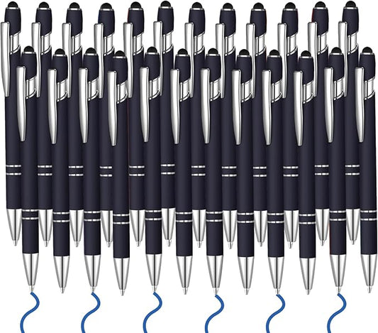 24 Pcs Blue Ink Ballpoint Pen with Stylus Tip 2 in 1 Ballpoint Pen 1.0 mm Blue Ink Metal Stylus Pen for Touch Screens Coworkers, Family, Colleagues, Office (Black)