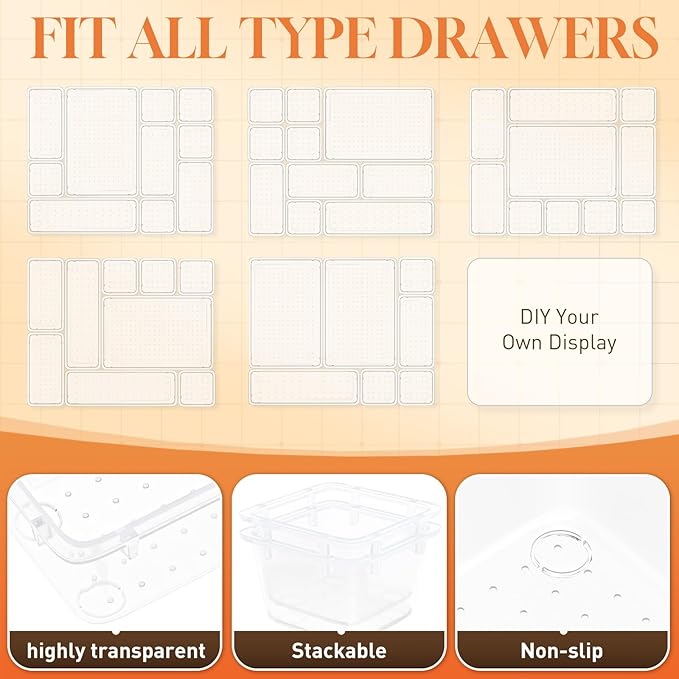 27 PCS Clear Plastic Drawer Organizers Set, 4-Size Versatile Bathroom and Vanity Drawer Organizer Trays, Storage Bins for Makeup, Bedroom, Kitchen Gadgets Utensils and Office