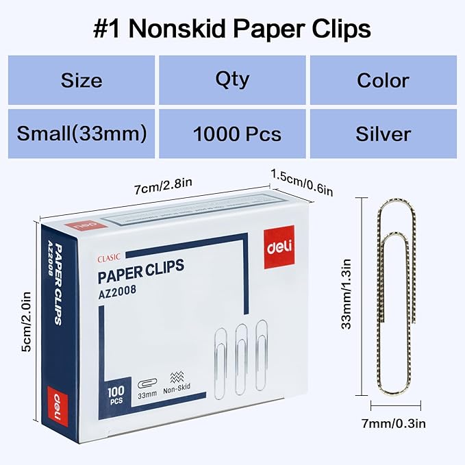 Deli #1 Nonskid Paper Clips, 1000 Medium Paper Clips, 10 Boxes of 100 Each, Silver