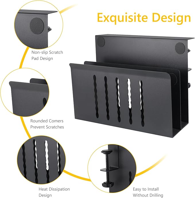 2 TIER Desk Side Storage Upgraded Under Desk Organizer, No Drill Hanging Laptop Holder Under Desk, Clamp-On Table Side Tray Steel Desktop Organization for Office and Home (Black)