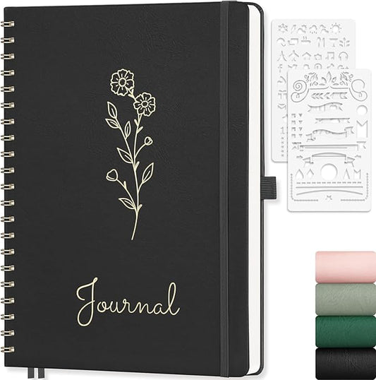 EMSHOI Bullet Dotted Journal - Dot Grid Spiral Notebook 8.5" x 11", A4 Large Dotted Notebook, 100 GSM Thick Paper, PU Leather Hardcover Journals for Bullet Journaling, Sketching, Black