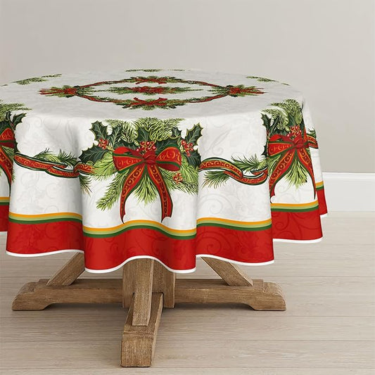 Horaldaily Christmas Tablecloth 70×70 Inch Round, Poinsettia Golden Ribbon Washable Table Cover for Party Picnic Dinner Decor