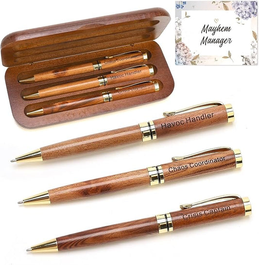 Best Wooden Pen Set with Holder, Chaos Coordinator Gifts for Women, Boss Gift for Men Supervisor Presents for Boss Female Leadership Nurse Office Manager Gifts Funny Custom Personalized Wood Pens