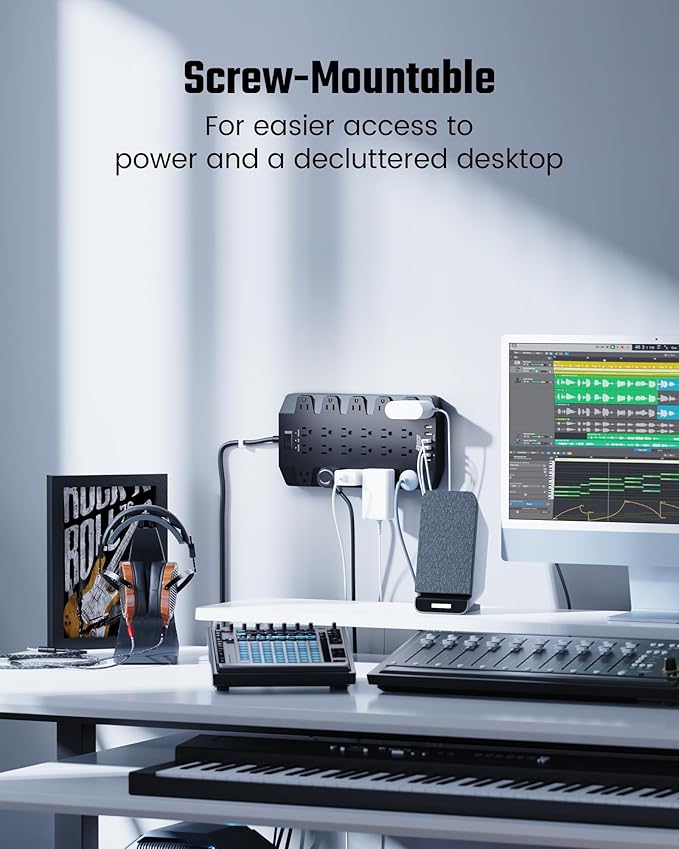 10 Ft Extension Cord Power Strips with Surge Protection, SUPERDANNY Surge Protector with 22 Outlets, 2 USB-C and 4 USB-A, 2100J, 10Ft Flat Plug Heavy Duty Extension Cord (1875W/15A) for Home, Office