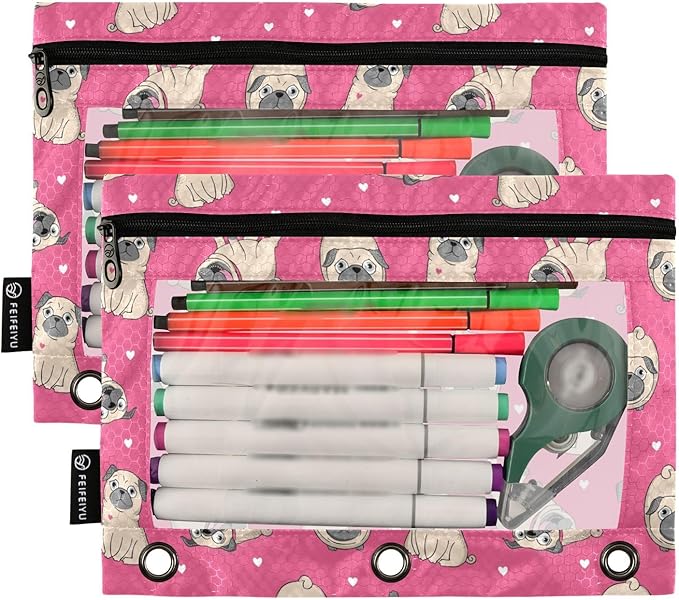 ALAZA Pencil Pouch for 3 Ring Binder, Pug Dog Animal Heart Pink Binder Pencil Pouches with Clear Window Zipper Pencil Case Cosmetic Bags for Office College Supplies, 2PCS