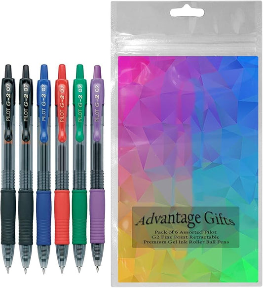 G2 Retractable Premium Gel Ink Roller Ball Pens Fine Point Fine Point (.7mm) Assorted Ink 6-pk; Refillable & Premium Comfort Grip Bundle with Plastic Reusable Pouch