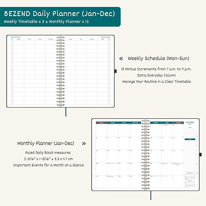 BEZEND Appointment Book 2026 Daily Planner, Quarter-Hourly in 4 Columns (Large-8.25" x 11.75") Page per Day Even Weekend, Monthly View with Tab & Weekly Schedule, PU Leather Softcover in Mint Green