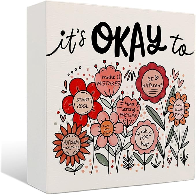Boho Floral Mental Health Wooden Sign - Therapy Office Must Haves, Self Love Gifts for Women, It's Okay To Inspirational Wood Signs for Therapy Counselor Desk Shelf Tabletop Decor, 5x5 Inches