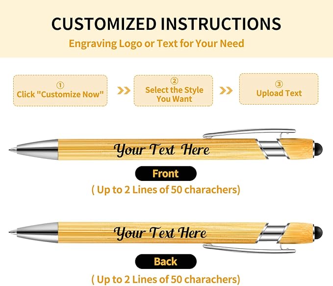 Personalized Pen Customizable Bamboo Pen with Stylus -Customizable Text Logo Name Ballpoint Pens with Black Ink-Personalized Gift Ideas for School Back Day Office Business Home(20 Count/Pack)