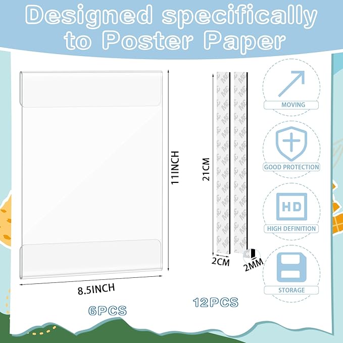 6 Pack Acrylic Wall Sign Holder 8.5 x 11 Rigid Magnetic Sign Holders with Magnet Strips and Adhesive Strips Clear Document Frames Clear Rigid Print Protectors for Office, Home