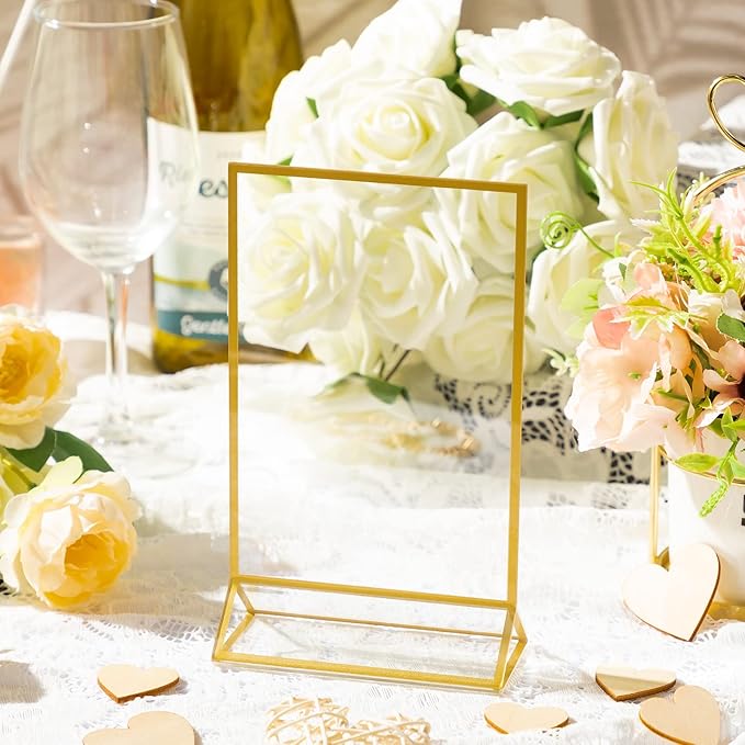 24 Pack Gold Picture Frames 4 x 6 Inch Clear Acrylic Sign Holders Double Sided Display Frames Bulk with Stand 2 mm Gold Border for Table Numbers Wedding Party (Vertical)