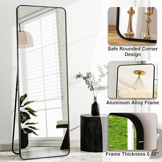 HARRITPURE 56" x 21" Rounded Full Length Mirror Aluminum Frame Black Mirror Full Length Floor Mirror with Stand for Living Room Bedroom Cloakroom