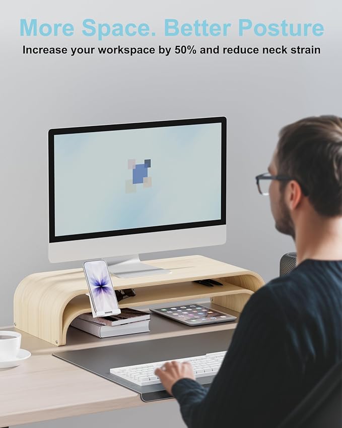 Solid Wood Dual Monitor Stand Riser 2 Tier, 24.1 Inch Desktop Organizer with Phone Holder, Ergonomic Computer Stand, Multifunctional Desk Shelf for Laptop, PC, Printer, Supports Up to 110lbs