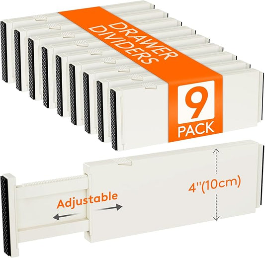 Lifewit 9 Pack Drawer Dividers 4" High, 11-17" Adjustable Drawer Organizers for Clothes, Expandable Dresser Separators in Bedroom/Bathroom/Kitchen/Fridge/Office Organization and Storage, Beige