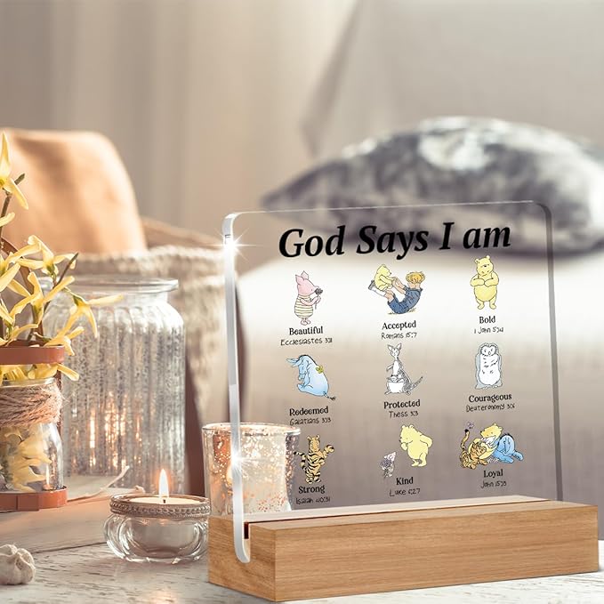Pooh Bear Gifts for Women Christian Gifts Inspirational Gift God Says Pooh Clear Desk Decorative Sign Acrylic Sign With Wooden Stand for Office Desk Table Shelf
