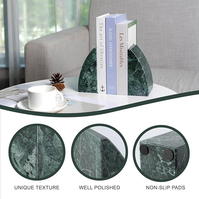 Koville Marble Bookends for Shelves, 8Lbs Large Stone Bookends for Heavy Books, Non-Slip Heavy Duty Book Stopper, Modern Decorative Book Ends for Bookshelf Table Home Decor(Green)