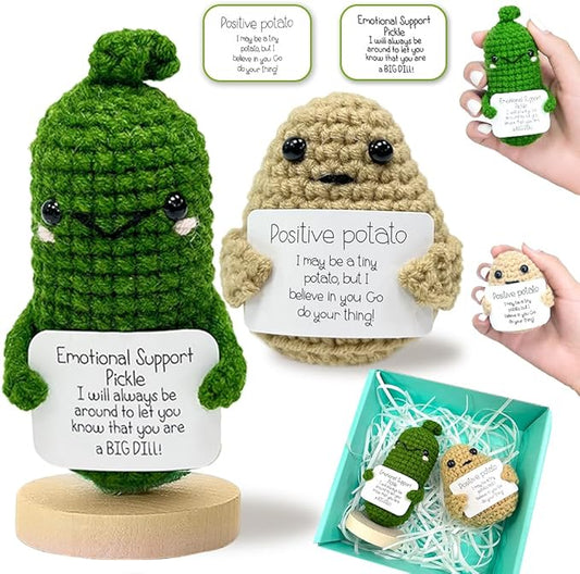 CrazyHome Positive Potato, Emotional Support Pickle Combo | Handmade Crochet Positive Vegetables 2PCS Set - Potato, Mini Cucumbers | Cheer-Up, Motivational, Funny Desk Décor