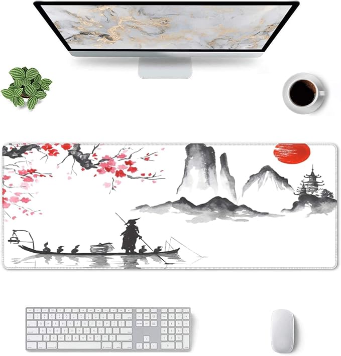 Japan Traditional Painting Extended Big Mouse Pad Large,XL Gaming Mouse Pad Desk Pad,31.5x11.8inch Long Computer Keyboard Mouse Mat Mousepad with 3mm Non-Slip Base for Home Office Work-Boating Sunset