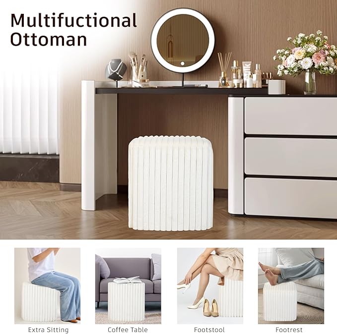 Modern Square Ottoman 2Pcs, Vertical Channel Tufted Foot Stool Ottoman, Velvet Upholstered Vanity Stool for Makeup, Bedroom, Living Room, White